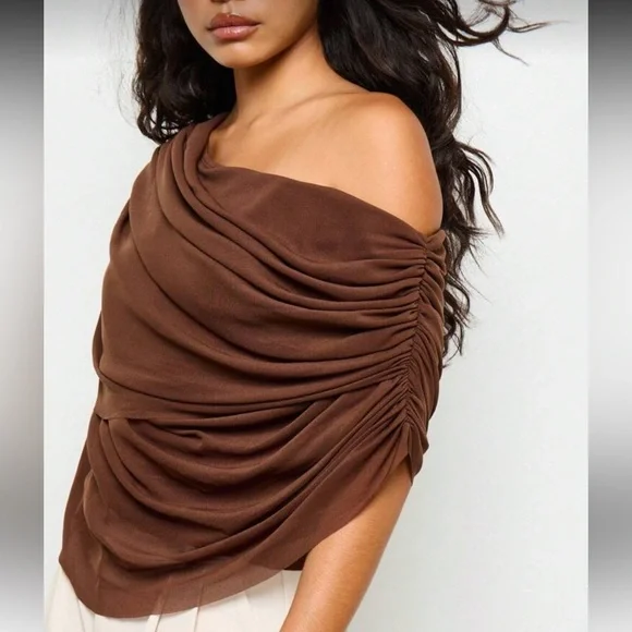 Brown asymmetrical off shoulder draped, flowy stretchy mesh top - Picture 2 of 4
